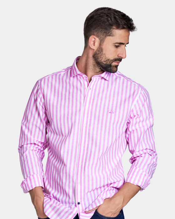 Camisa de hombre semihilo Spagnolo Rayas smart rosa 1