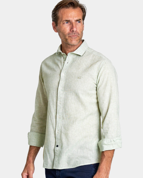 Camisa de hombre lino rayas Spagnolo Smart verde claro 1