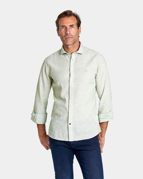 Camisa de hombre lino rayas Spagnolo Smart verde claro 2