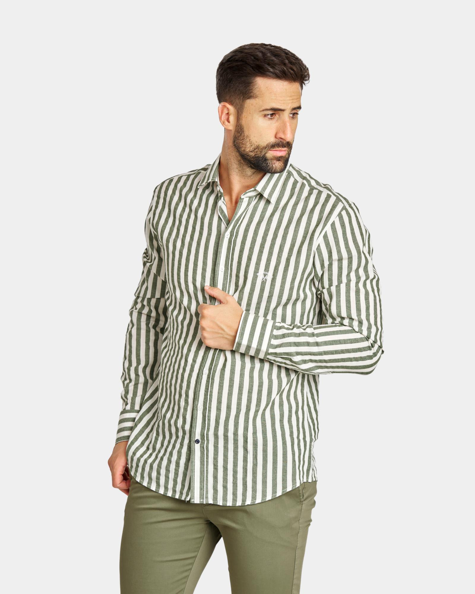 CAMISA DE HOMBRE LINO RAYAS VERDE OLIVA Color 000177 REF. 000177 Talla 04